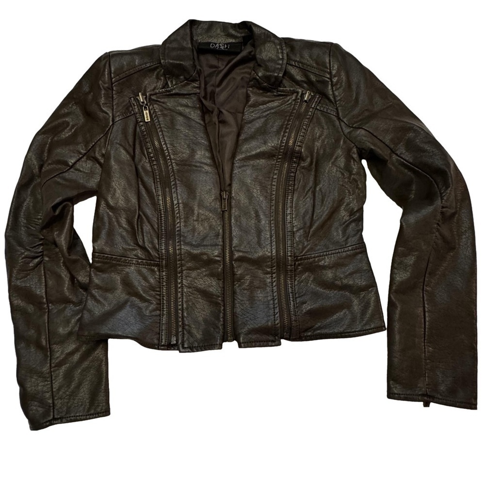 DASH by Kardashian Women's Brown Faux Leather Jacket Size XXS Peplum Pockets NEW